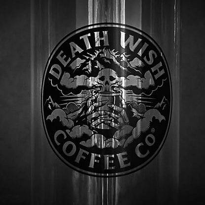 A close up of the front of the Death Wish Coffee Higher Ground Water Bottle.