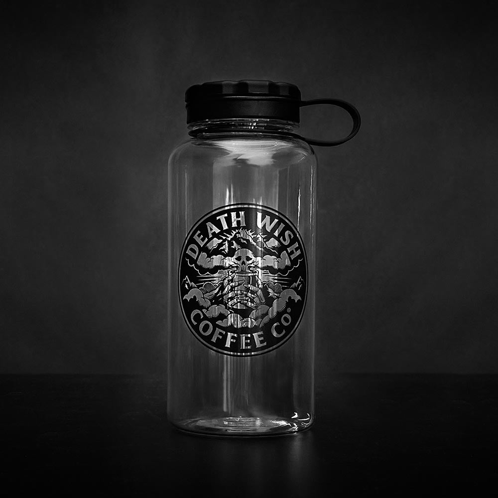 The front of the Death Wish Coffee Higher Ground Water Bottle.