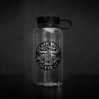 The front of the Death Wish Coffee Higher Ground Water Bottle.