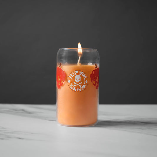 The front of the Death Wish Coffee Pumpkin Chai Soda Can Candle.