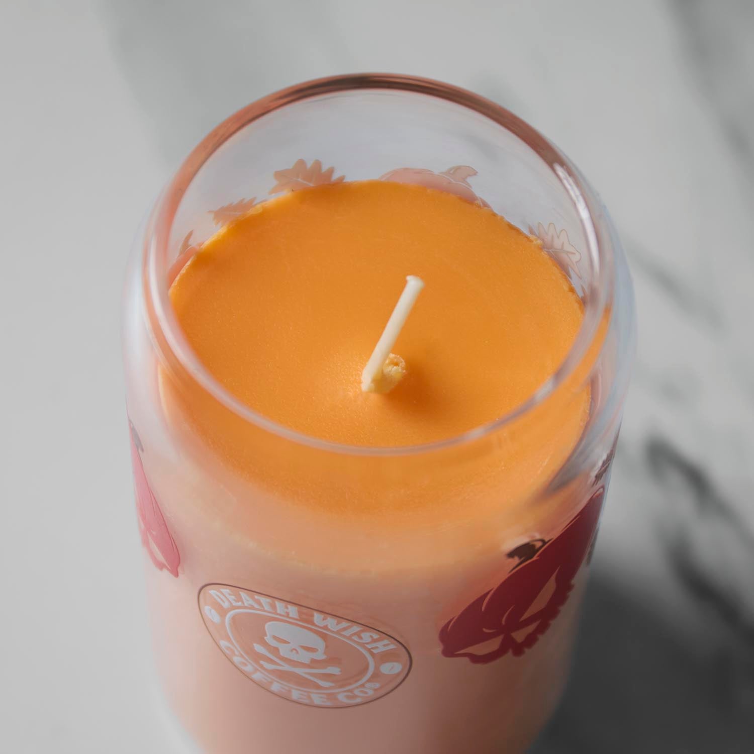 A top down view of the Death Wish Coffee Pumpkin Chai Soda Can Candle.