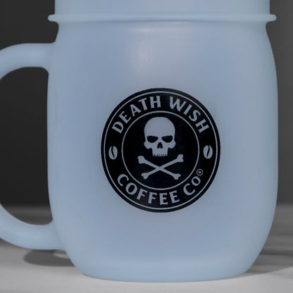 A detail shot of the front of the Death Wish Coffee Unbreakable Spirit Silicone Mug.
