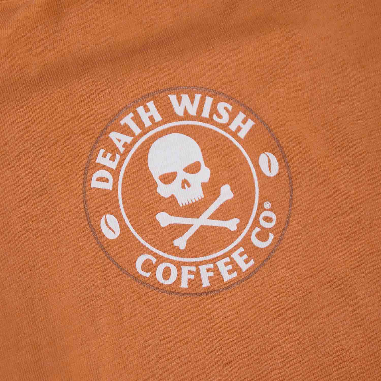 A detail shot of the back of the Death Wish Coffee Pumpkin To Talk About Tee.