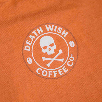 A detail shot of the back of the Death Wish Coffee Pumpkin To Talk About Tee.