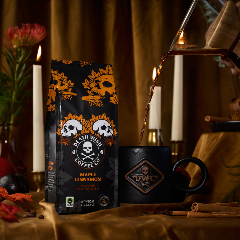 Pouring Maple Cinnamon flavored Death Wish Coffee into a mug.