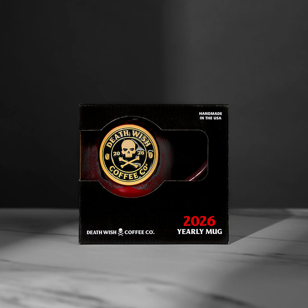 The 2026 Death Wish Coffee Mug in its custom display box.