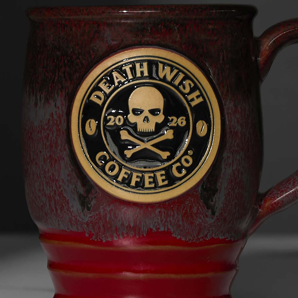 A close up of the yearly medallion on the 2026 Death Wish Coffee Mug.