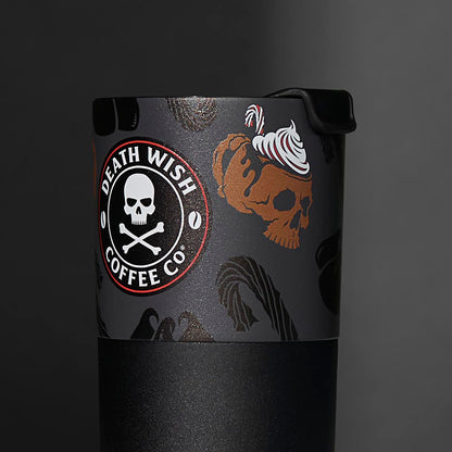 Up close of the front of the Death Wish Coffee Peppermint Mocha Klean Kanteen.