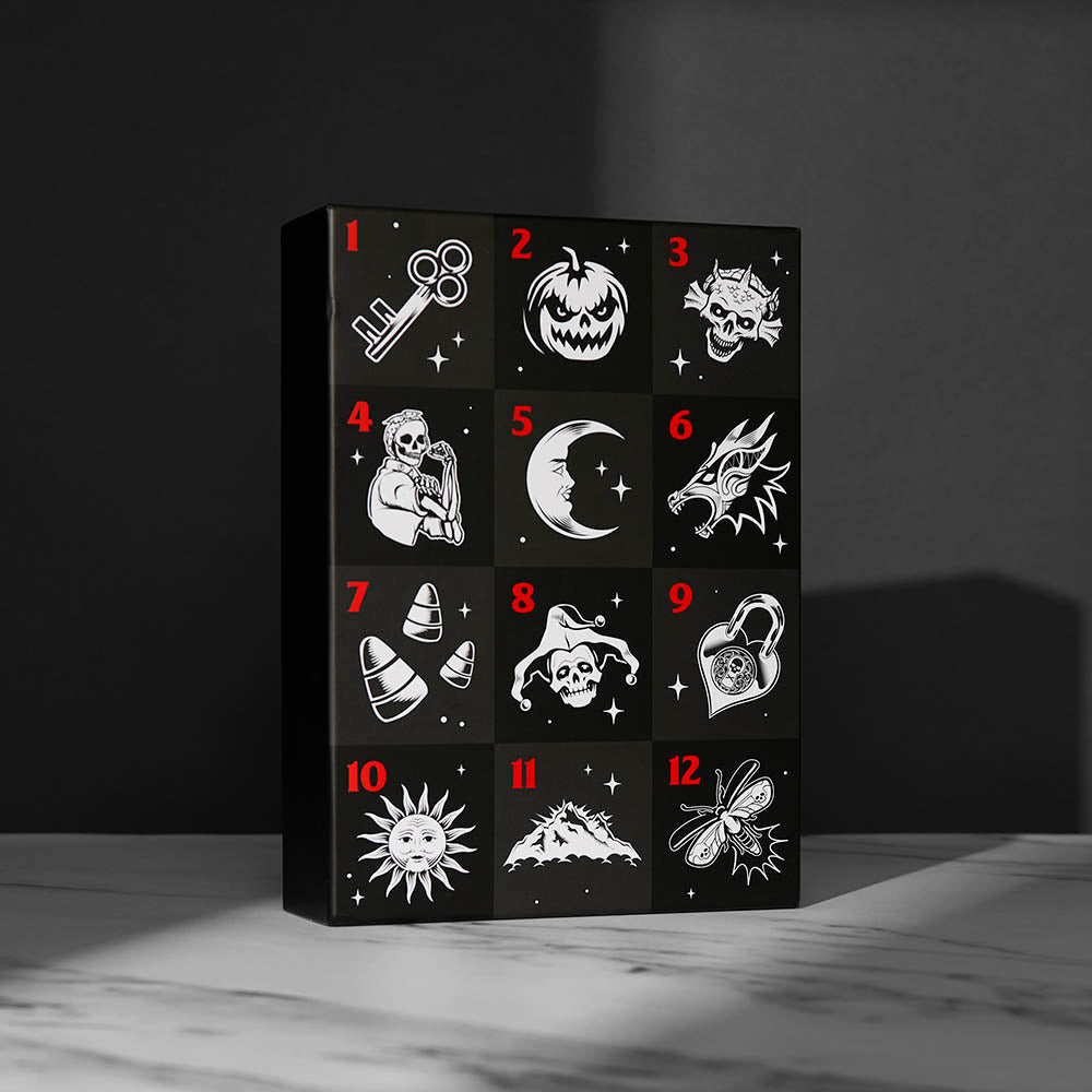 The front of the Death Wish Coffee Puzzled Past Advent Calendar box.