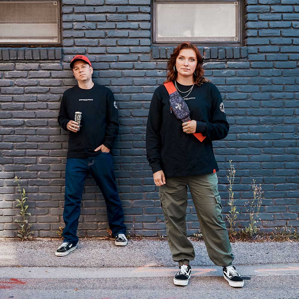 Two models wearing the Death Wish Coffee Self Centered Waffle Knit.