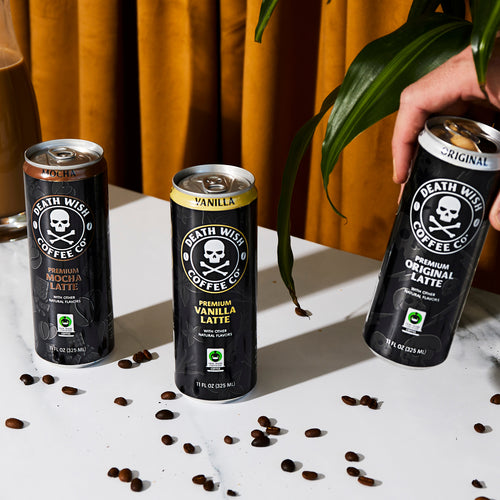 Death Wish Coffee's lineup of premium canned lattes including Mocha, Vanilla and Original.