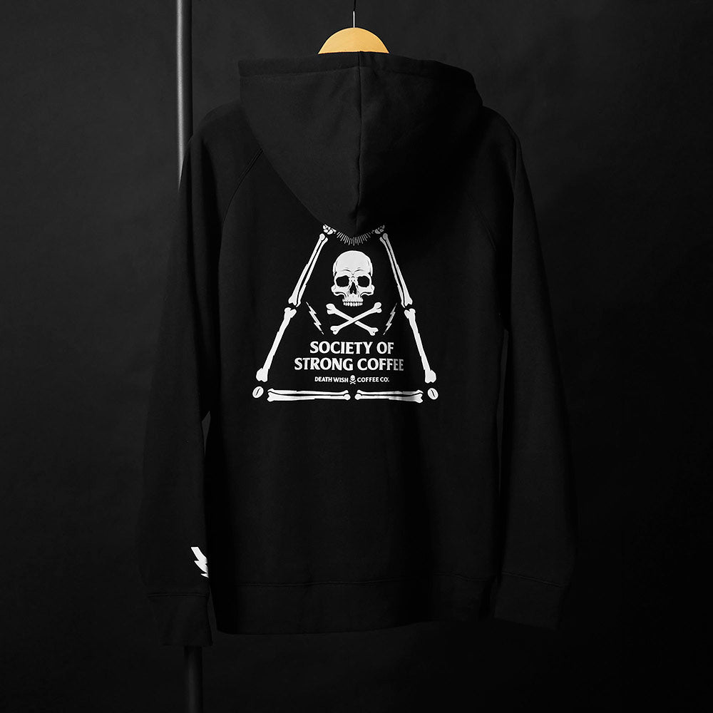 The back of the Death Wish Coffee Signature Society of Strong Coffee Hoodie.