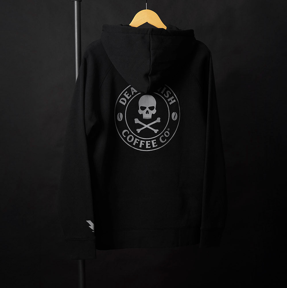 The back of the Death Wish Coffee Signature Shadow Hoodie.