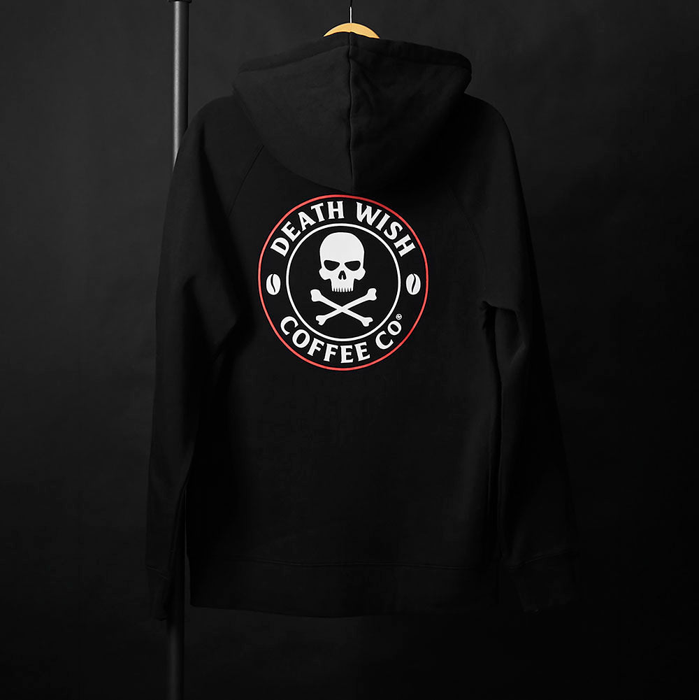 The back of the Death Wish Coffee Signature Zip Hoodie.