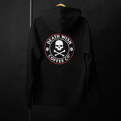 The back of the Death Wish Coffee Signature Zip Hoodie.