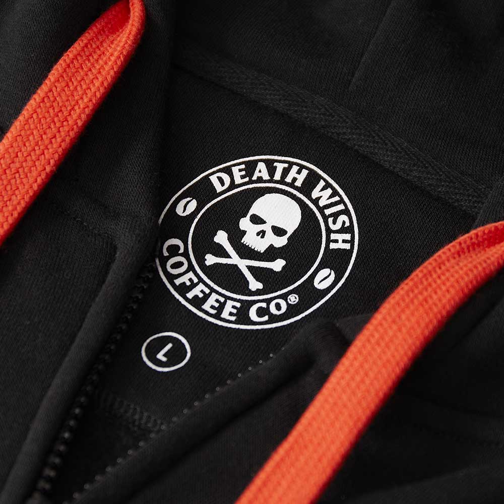 The inner neck label of the Death Wish Coffee Signature Zip Hoodie.