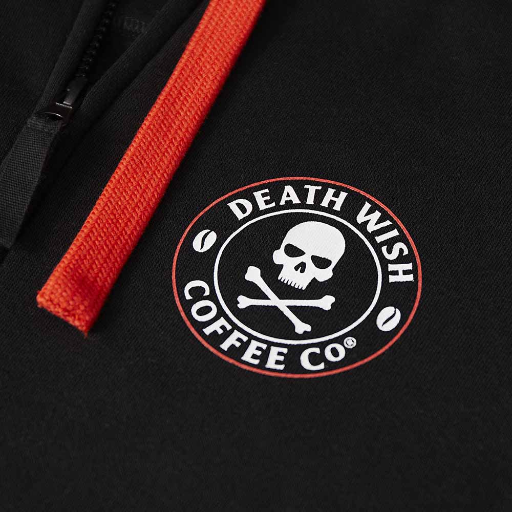A close up view of the Death Wish Coffee Signature Zip Hoodie.