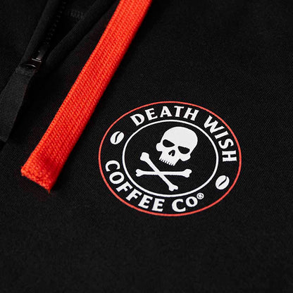 A close up view of the Death Wish Coffee Signature Zip Hoodie.