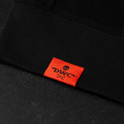 The woven tag on the Death Wish Coffee Signature Zip Hoodie.