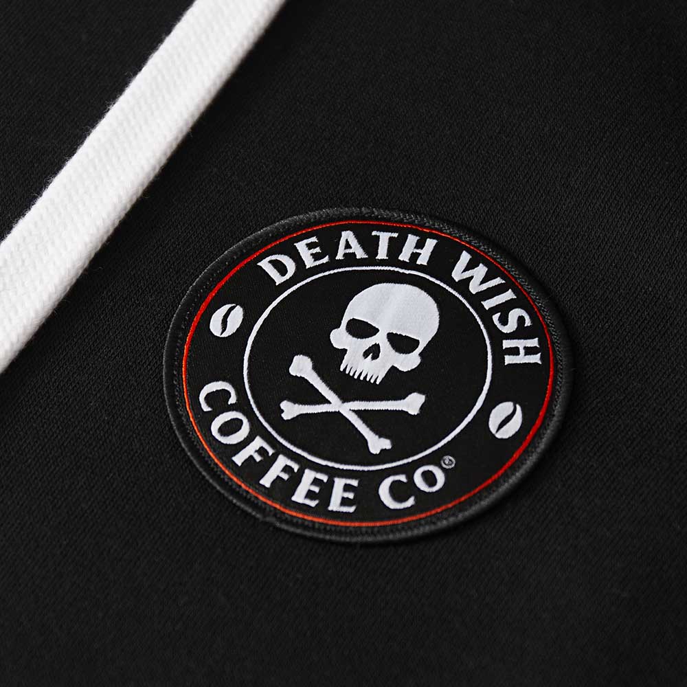 A close up view of the Death Wish Coffee Signature Hoodie.