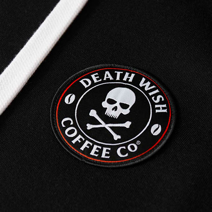 A close up view of the Death Wish Coffee Signature Hoodie.