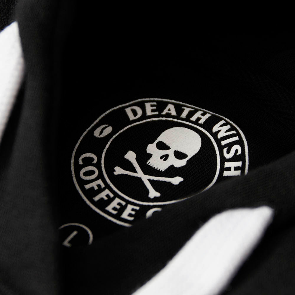 The inner neck label of the Death Wish Coffee Signature Hoodie.