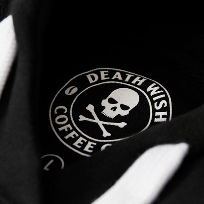 The inner neck label of the Death Wish Coffee Signature Hoodie.
