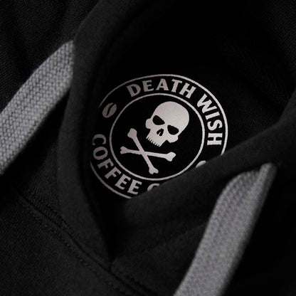 The inner neck label of the Death Wish Coffee Signature Shadow Hoodie.