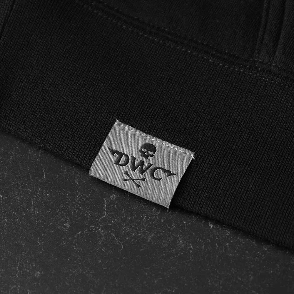 The woven tag on the Death Wish Coffee Signature Shadow Hoodie.