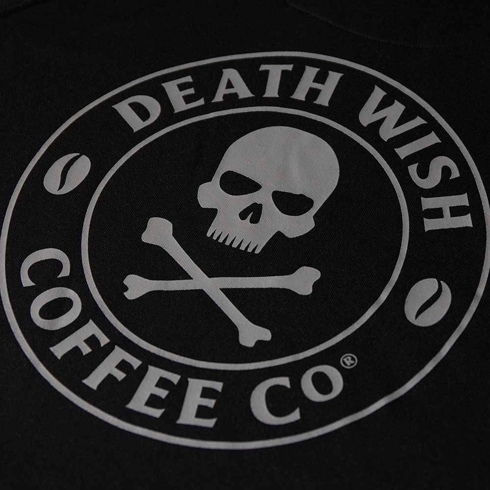 A close up of the back of the Death Wish Coffee Signature Shadow Hoodie.