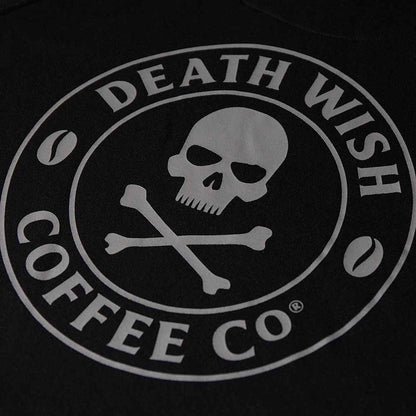 A close up of the back of the Death Wish Coffee Signature Shadow Hoodie.