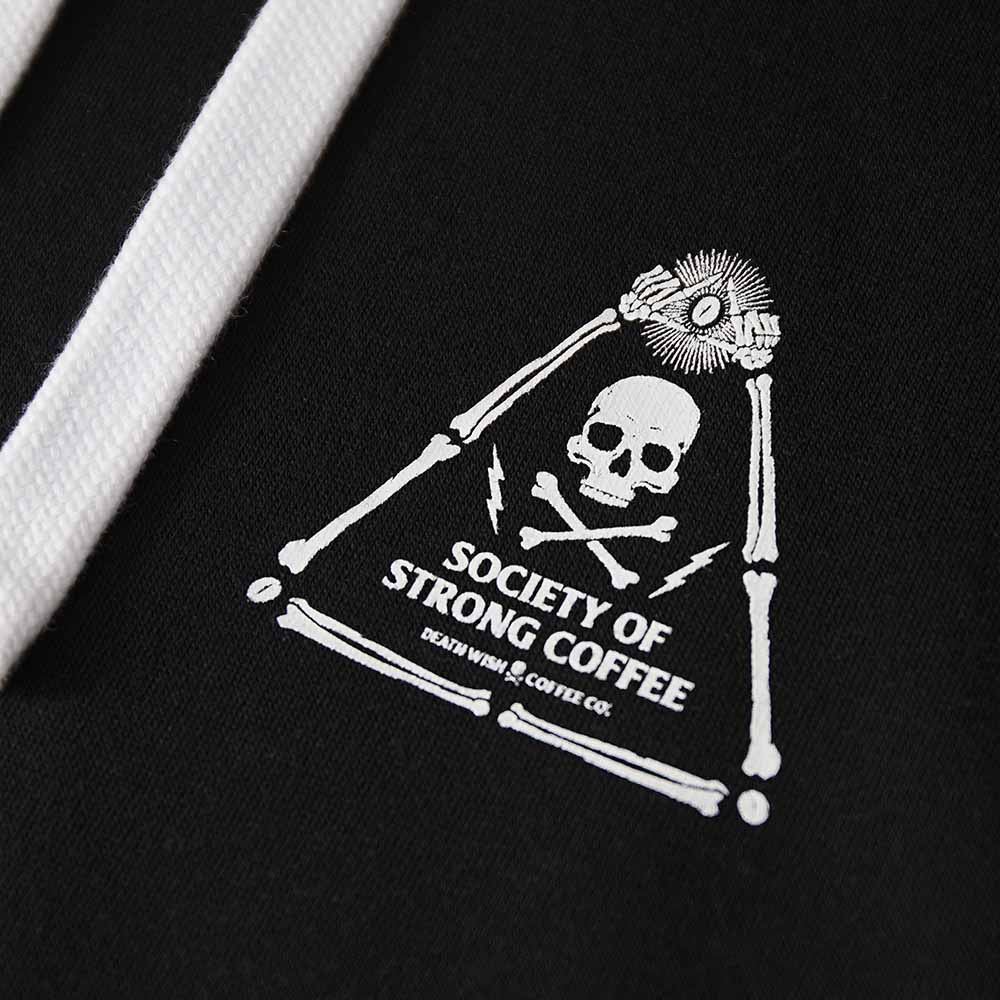 A close up of the front of the Death Wish Coffee Signature Society of Strong Coffee Hoodie.