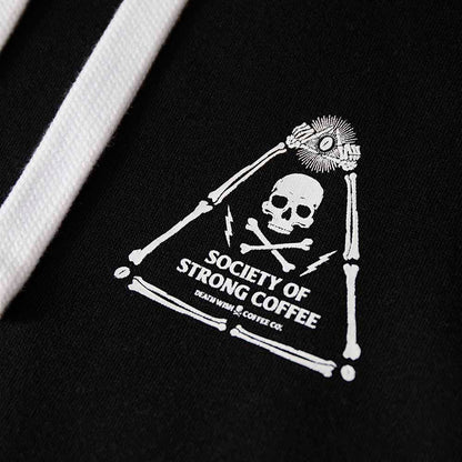 A close up of the front of the Death Wish Coffee Signature Society of Strong Coffee Hoodie.