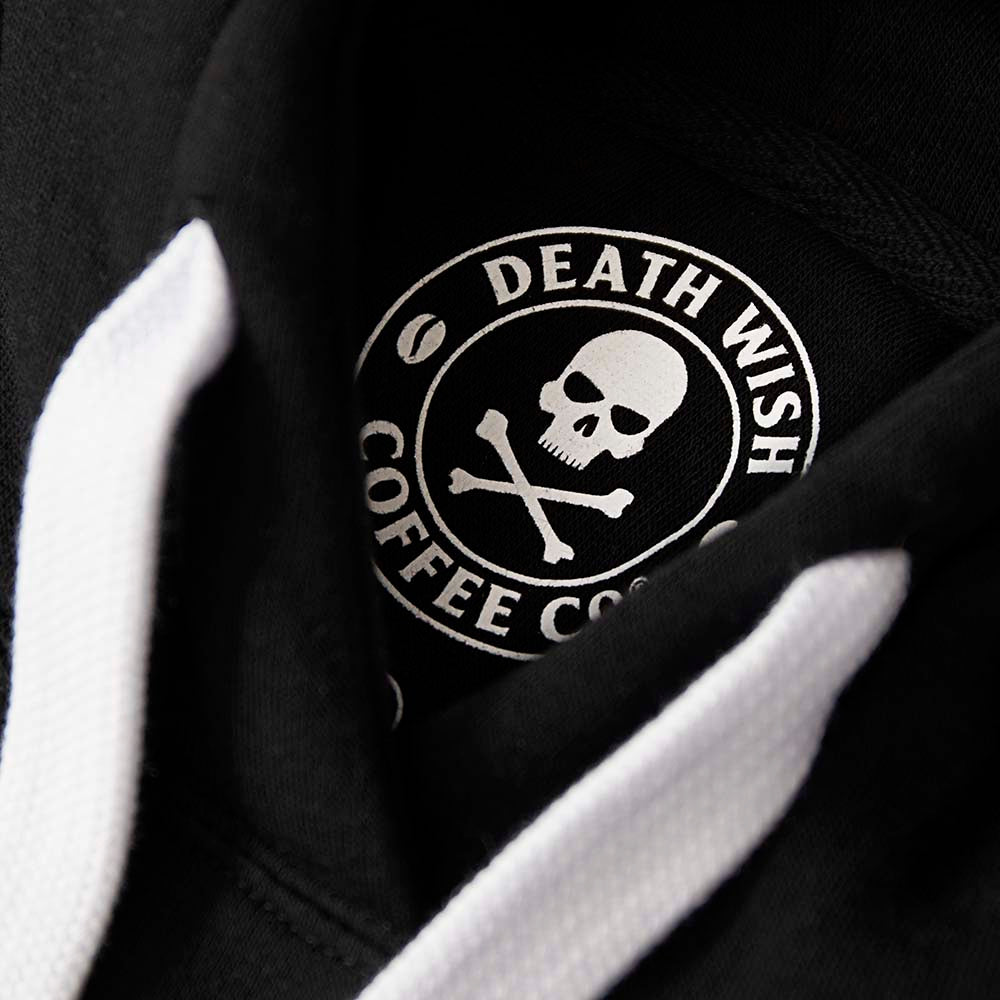 The inner neck label of the Death Wish Coffee Signature Society of Strong Coffee Hoodie.