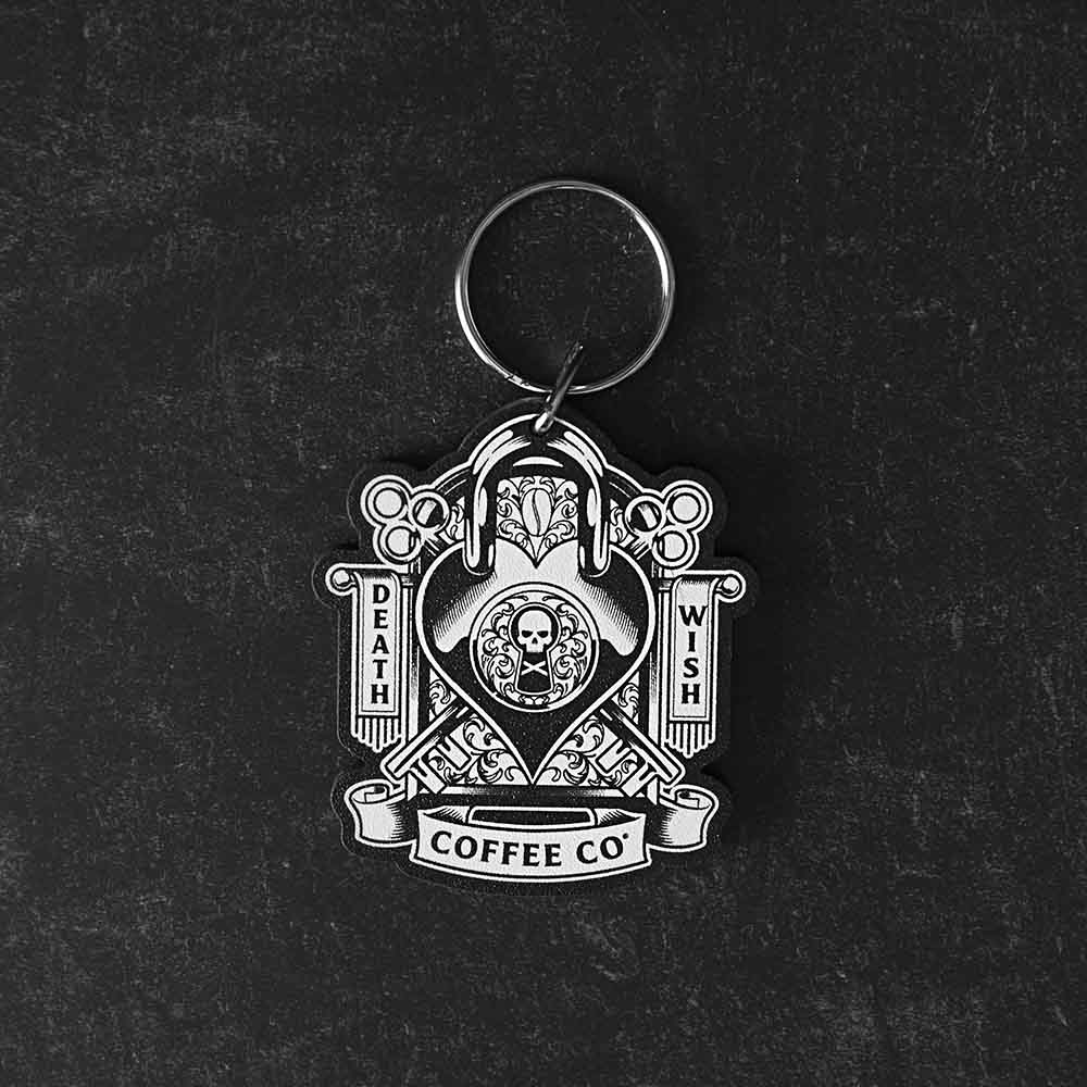 The front of the Death Wish Coffee Lock It Down Keychain.