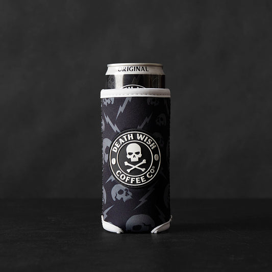 The front of the Death Wish Coffee Original Slim Can Koozie.