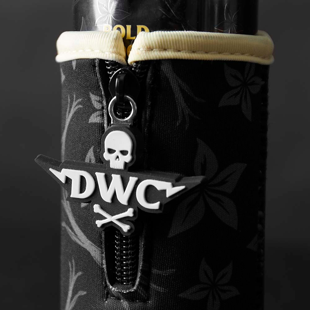 A close up of the PVC badge on the Death Wish Coffee Vanilla Slim Can Koozie.