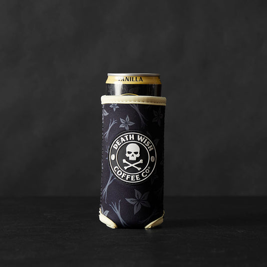 The front of the Death Wish Coffee Vanilla Slim Can Koozie.