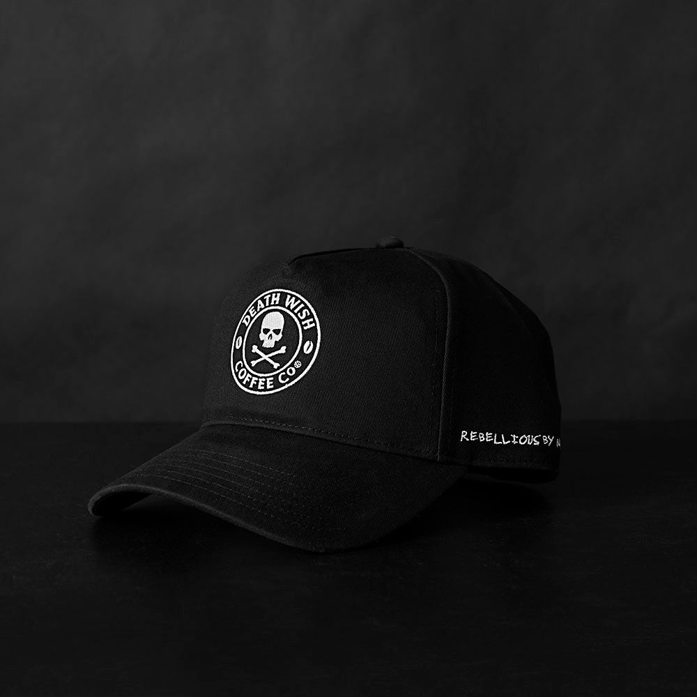 The front of the Death Wish Coffee Black Rebellious By Nature Snapback.