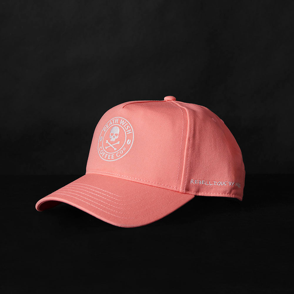 The front of the Death Wish Coffee Pink Rebellious By Nature Snapback.