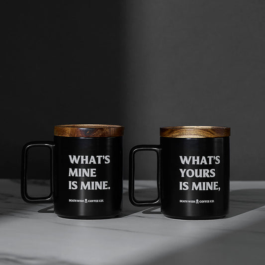 The Death Wish Coffee What’s Yours Is Mine Mug Set with lids.