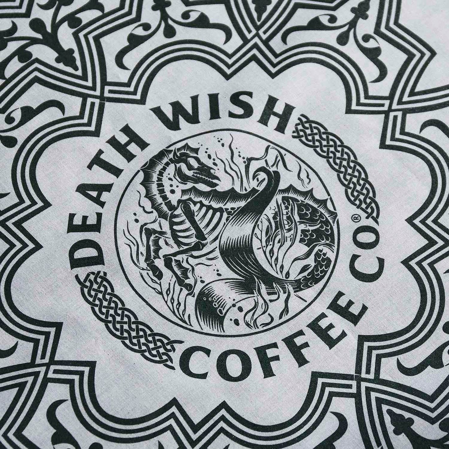 A detail shot of the Death Wish Coffee Kelpie Bandana.