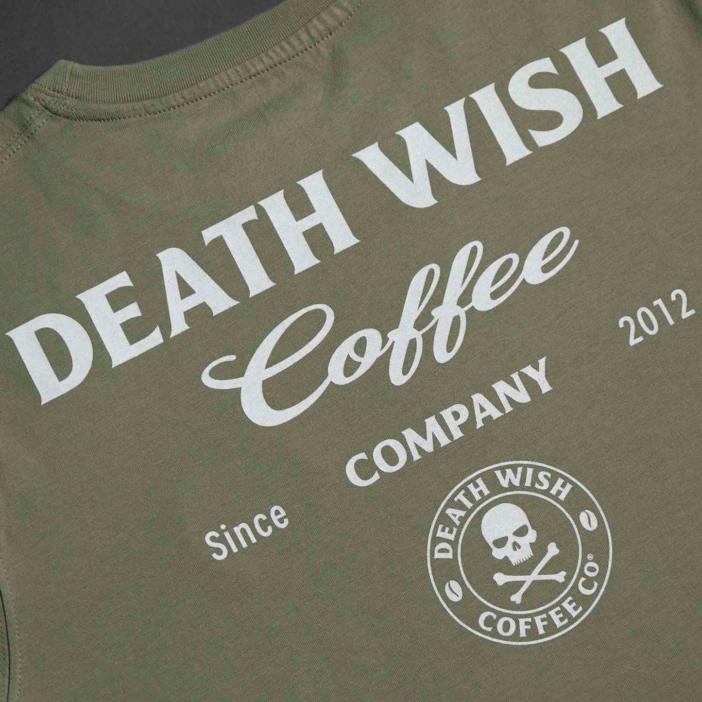 A detail shot of the back of the Death Wish Coffee Dropout Collegiate Tee.
