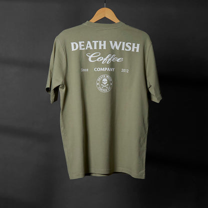 The back of the Death Wish Coffee Dropout Collegiate Tee.