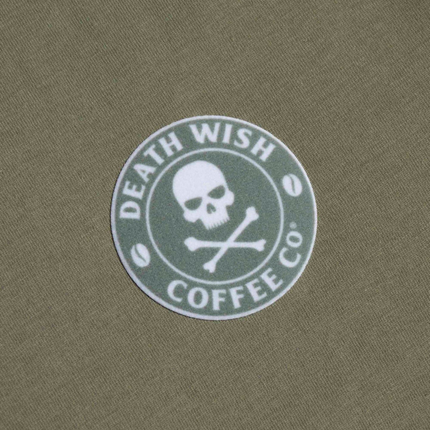 A detail shot of the front of the Death Wish Coffee Dropout Collegiate Tee.