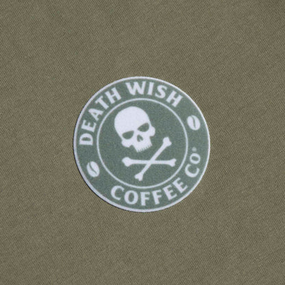 A detail shot of the front of the Death Wish Coffee Dropout Collegiate Tee.