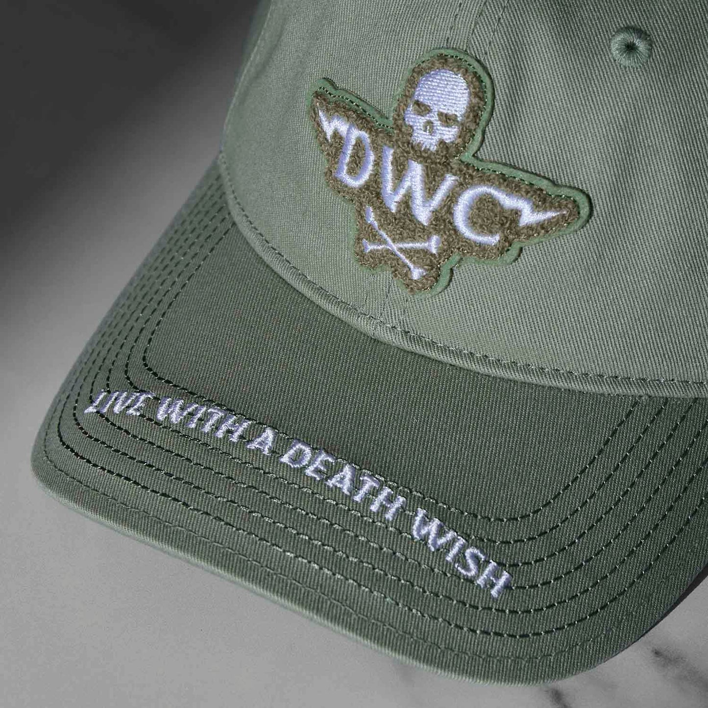 A top down view of the Death Wish Coffee Thick Skull Snapback.