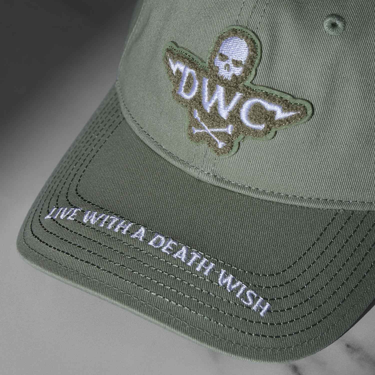 A top down view of the Death Wish Coffee Thick Skull Snapback.