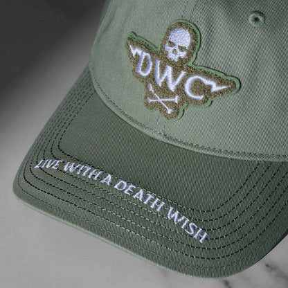 A top down view of the Death Wish Coffee Thick Skull Snapback.
