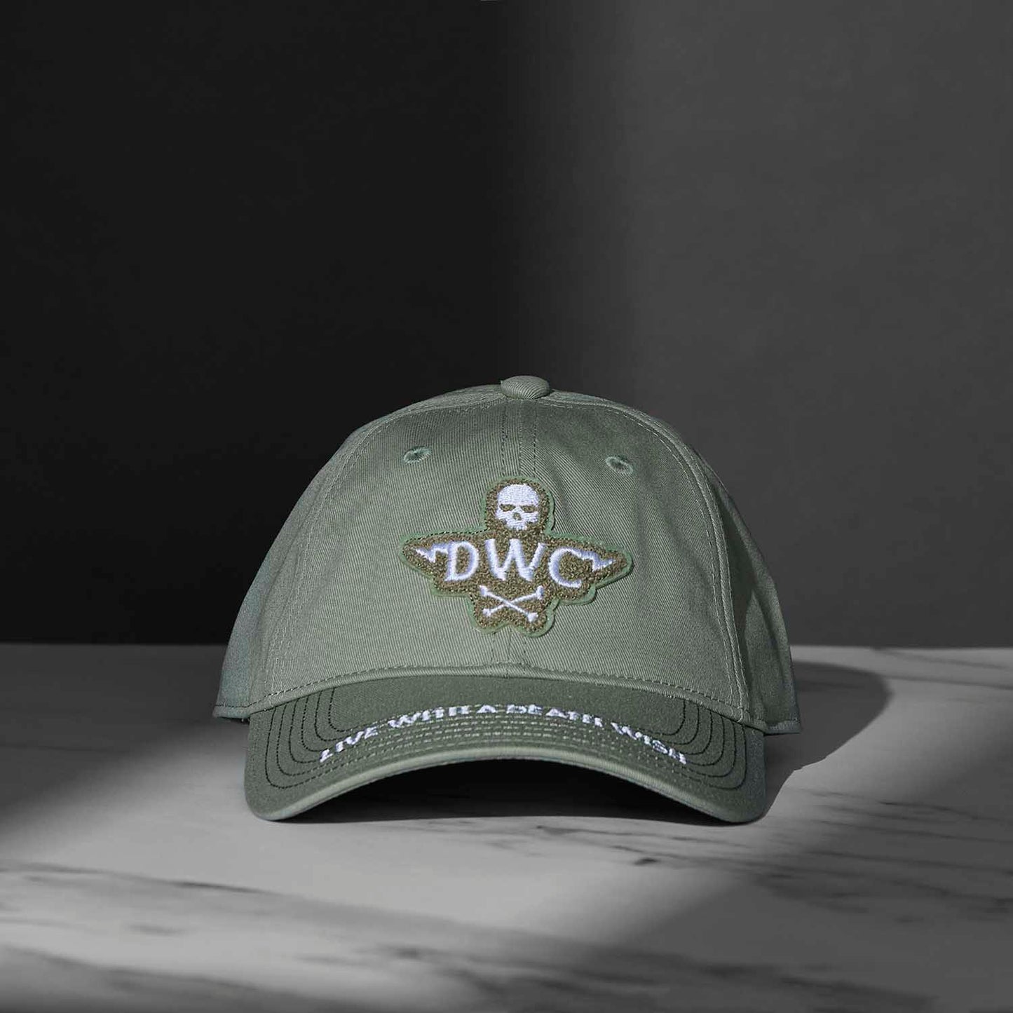 The front of the Death Wish Coffee Thick Skull Snapback.